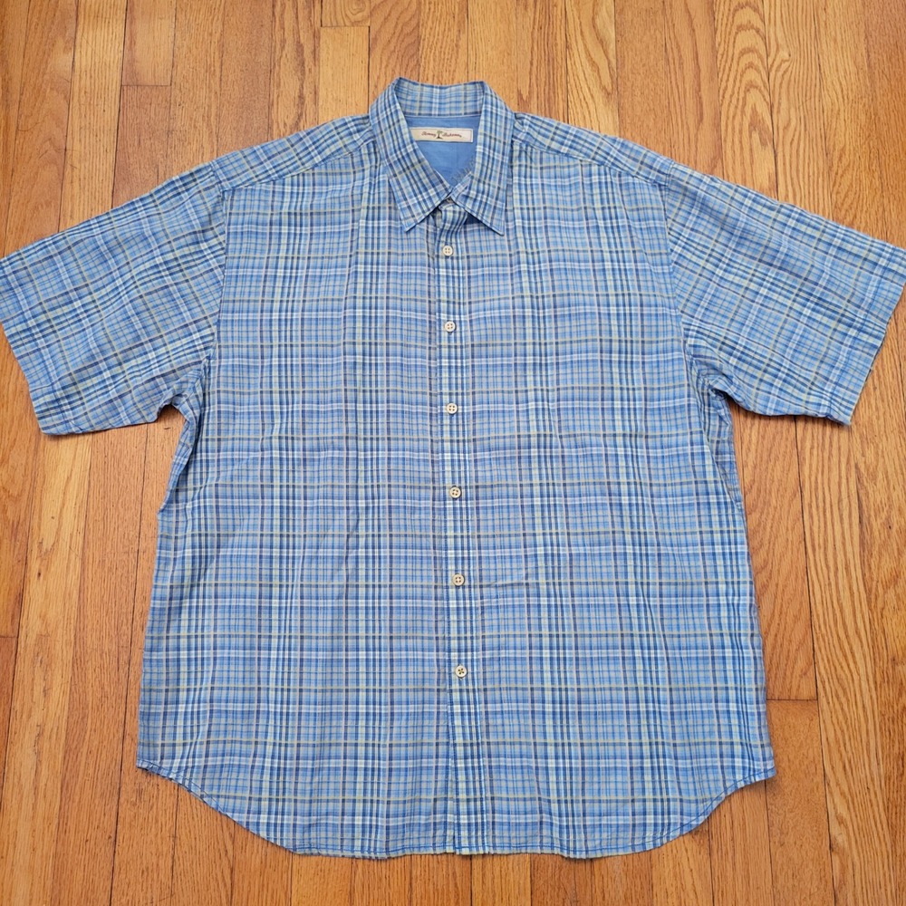 Tommy Bahama Blue Plaid Short Sleeve Button Up Shirt XL Summer Coastal Preppy